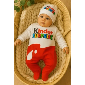 Murat Baby Kinder Surprise Baskılı Beyaz ve Kırmızı Tulum