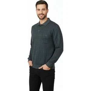 Erkek Mevsimlik Kazak Pamuklu Dokuma Düğmeli Polo Yaka Cepli Uzun Kollu Kırçıl Desenli Rahat