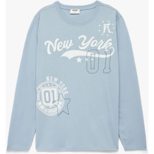 Bisiklet Yaka Pamuklu Baskılı Uzun Kollu Tişört