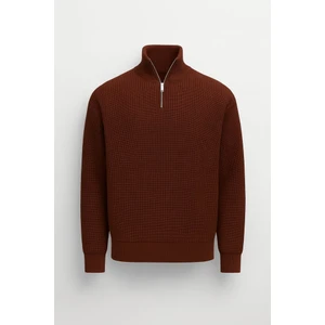 Nolan Oversize Selanik Örgü Yarım Fermuar Erkek Triko Kazak - Kahve