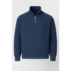 Nolan Oversize Selanik Örgü Yarım Fermuar Erkek Triko Kazak - İndigo