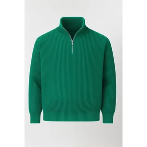 Oversize Selanik Örgü Yarım Fermuar Erkek Triko Kazak - Yeşil