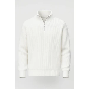 Oversize Selanik Örgü Yarım Fermuar Erkek Triko Kazak - Ekru