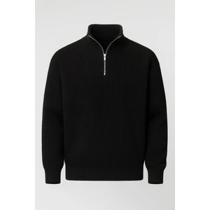 Nolan Oversize Selanik Örgü Yarım Fermuar Erkek Triko Kazak - Siyah