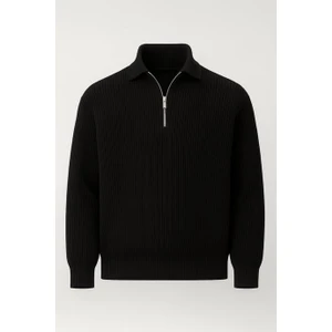 Gibson Oversize Yarım Fermuar Gömlek Polo Yaka Selanik Örme Erkek Triko Kazak - Siyah