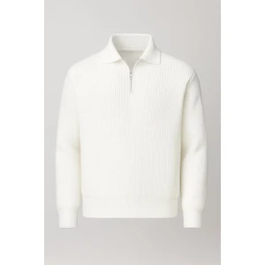 Gibson Oversize Yarım Fermuar Gömlek Polo Yaka Selanik Örme Erkek Triko Kazak - Ekru