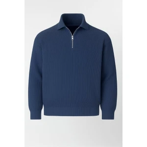 Gibson Oversize Yarım Fermuar Gömlek Polo Yaka Selanik Örme Erkek Triko Kazak - Indigo