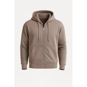 İçi Peluş Üç İplik Kumaş Oversize Fermuarlı Kapüşonlu Sweatshirt- Bej