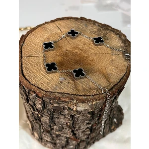 Silver 4 Yaprak Siyah Yonca Şans Çift Taraflı Çelik Bileklik