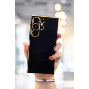Samsung Galaxy S24 Ultra Kılıf Parlak Kenarlı Altın Işlemeli Kamera Korumalı Kapak