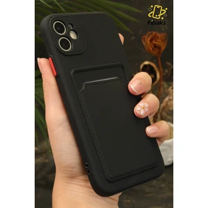 Apple iPhone 11 Kılıf Kamera Korumalı Kartlıklı Cüzdanlı Kırmızı Tuşlu Siyah Silikon Kapak