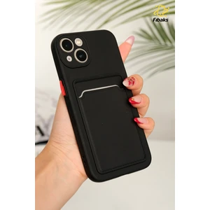 Apple iPhone 13 Kılıf Kamera Korumalı Kartlıklı Cüzdanlı Kırmızı Tuşlu Siyah Silikon Kapak