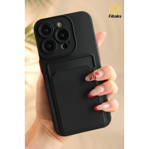 Apple iPhone 13 Pro Max Kılıf Kamera Korumalı Kartlıklı Cüzdanlı Kırmızı Tuşlu Siyah Silikon Kapak