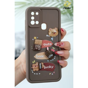 Samsung Galaxy A21S Uyumlu Kılıf Tasarımlı Desenli Kamera Korumalı Ayıcık Kahve Renkli Yumuşak Silikon Kapak