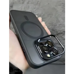 Apple iPhone 15 Pro Max Kılıf Standlı Mat Magsafe Metal Tuşlu Kamera Lens Hediyeli Wonk Kapak
