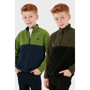 Yumuşak Dokulu Yarım Fermuarlı Renk Bloklu Dik Yaka 2'li Paket Polar Çocuk Polar 5905004S2