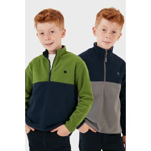 Yumuşak Dokulu Yarım Fermuarlı Renk Bloklu Dik Yaka 2'li Paket Polar Çocuk Polar 5905004S2