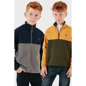 Yumuşak Dokulu Yarım Fermuarlı Renk Bloklu Dik Yaka 2'li Paket Polar Çocuk Polar 5905004S2