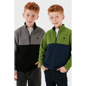 Yumuşak Dokulu Yarım Fermuarlı Renk Bloklu Dik Yaka 2'li Paket Polar Çocuk Polar 5905004S2