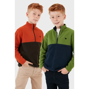 Yumuşak Dokulu Yarım Fermuarlı Renk Bloklu Dik Yaka 2'li Paket Polar Çocuk Polar 5905004S2