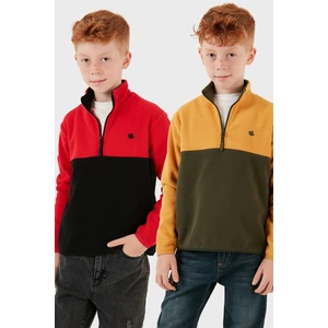 Yumuşak Dokulu Yarım Fermuarlı Renk Bloklu Dik Yaka 2'li Paket Polar Çocuk Polar 5905004S2