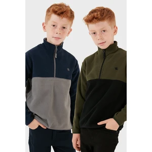 Yumuşak Dokulu Yarım Fermuarlı Renk Bloklu Dik Yaka 2'li Paket Polar Çocuk Polar 5905004S2