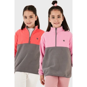 Yumuşak Dokulu Yarım Fermuarlı Renk Bloklu Dik Yaka 2'li Paket Polar Çocuk Polar 5905004S2