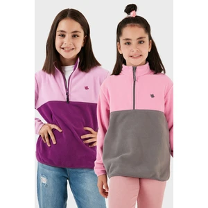 Yumuşak Dokulu Yarım Fermuarlı Renk Bloklu Dik Yaka 2'li Paket Polar Çocuk Polar 5905004S2