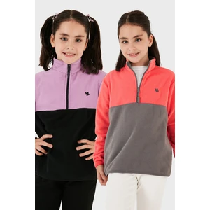 Yumuşak Dokulu Yarım Fermuarlı Renk Bloklu Dik Yaka 2'li Paket Polar Çocuk Polar 5905004S2