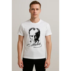 Sibel Günay Butik Atatürk Baskılı Beyaz T-Shirt |  Pamuk | Bisiklet Yaka