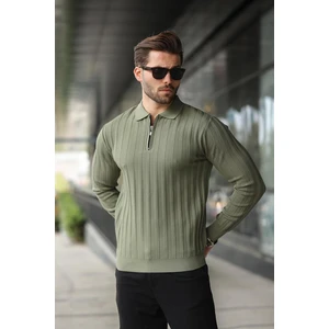 Haki Yarım Fermuarlı Polo Yaka Triko Kazak E7426