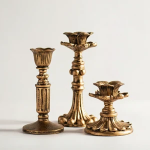 Pamir Candles 3'lü Şamdan Mumluk-Gold Eskitme Dekorasyon-Fransız-Romantik-Nostalji-El Sanatı Üçlü Şamdanlık