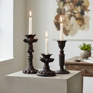 Pamircandles 3'Lü Şamdan Mumluk Fransız Romantik Antik El Sanatı  Bronz Eskitme Dekoratif Şamdanlık (Üçlü) retro