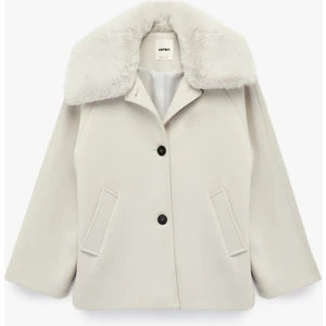 Uzun Kollu Cepli Düğmeli Çıkarılabilir Suni Kürk Yakalı Kaşe Kaban