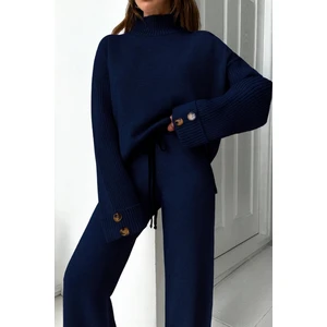 Yeni Ürün Dik Yaka Düğme Detaylı Oversize Kazak-Pantolon Triko Alt Üst Takım 0034