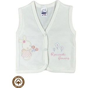 Kız Bebek Çiçekli Ayıcık Nakışlı %100 Organik Pamuklu Penye Bebek Yelek