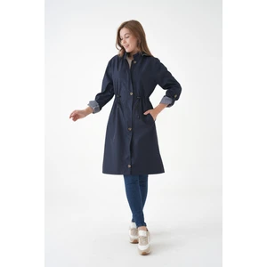 Lacivert Rüzgar ve Su Geçirmez Çıkarılabilir Kapüşonlu Beli Tünelli Bondit Kumaş Trençkot