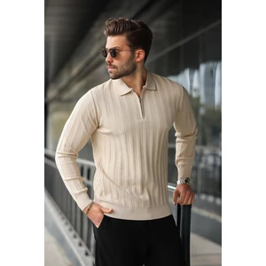 Taş Rengi Yarım Fermuarlı Polo Yaka Triko Kazak E7426