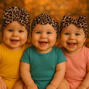 Kız Bebek Fiyonklu Bone Bandana 3lü Set / Leopar Desenli