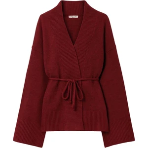 6966 Kadın V Yaka Ip Bağlamalı Triko Hırka Bordo