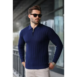 Lacivert Yarım Fermuarlı Polo Yaka Triko Kazak E7426