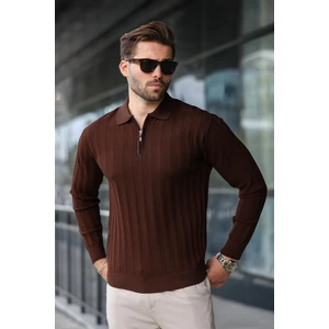 Kahverengi Yarım Fermuarlı Polo Yaka Triko Kazak E7426