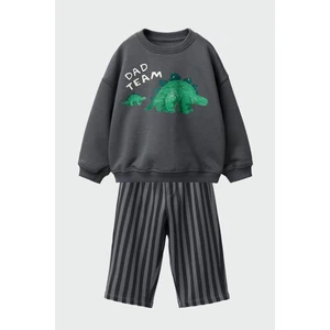 Erkek Çocuk Dinozor Baskılı 3 Iplik Pamuklu Kumaş Alt Üst Takım