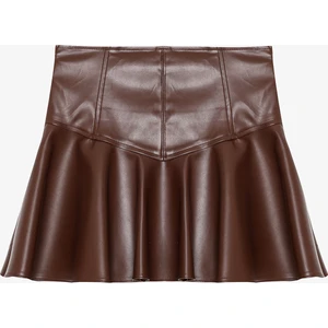 Volanlı Deri Mini Etek Kahverengi