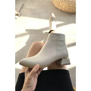 Krem Cilt 4 cm Kalın Galvaniz Topuklu Şık Günlük Kadın Bot TMD2024800