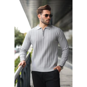 Gri Yarım Fermuarlı Polo Yaka Triko Kazak E7426