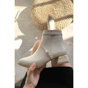 Tamdabu Ayakkabı Krem Cilt 4 cm Kalın Galvaniz Topuklu Bantlı Şık Günlük Kadın Bot TMD2024801
