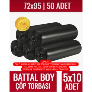 Gold Ambalaj Battal Boy Çöp Torbası 5'li (5x10 50 Adet) Battal Boy Çöp Torbası Yırtılmaz Taşınma Poşeti Eşya Poşeti