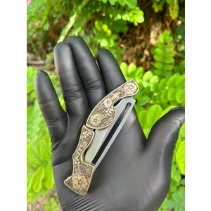 Pirinç Kabzeli Gravürlü Özelyapım Lüks Çakı Erkekler Için Hediye Kamp Bıçağı