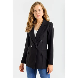 Kadın Düğme Detaylı Uzun Kol Şık Ofis Süs Cep Kapaklı Kumaş Blazer Ceket-Siyah